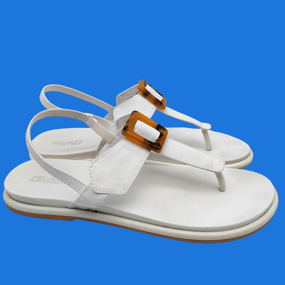 Olukai Womens La'i T-bar Sandals Size 9 White Sand Leather Buckle Thong